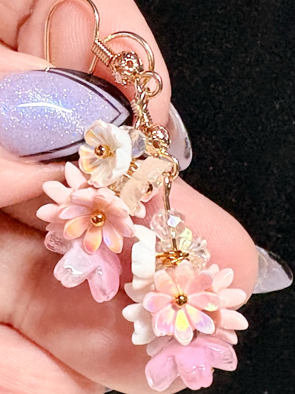 Pink Floral Cluster Dangle Earrings - Gold Accents